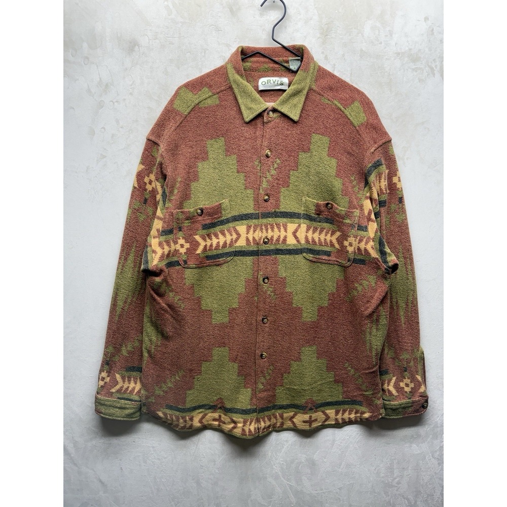 VTG 90s Orvis Mens L Southwestern Aztec Terry Cloth Texture Blanket Shirt Jacket